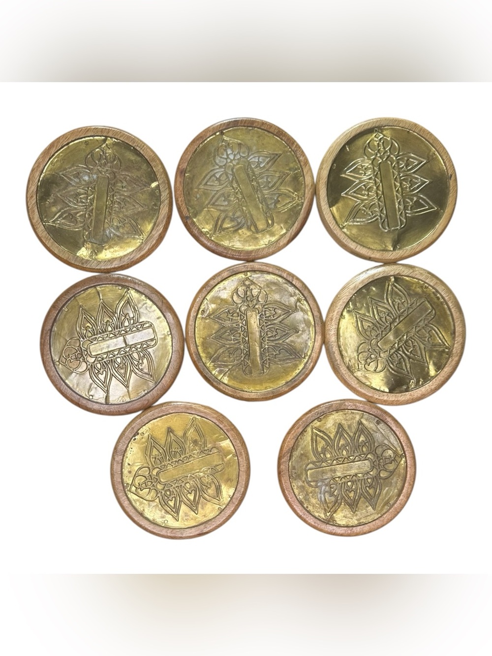 Cravings by Chrissy Teigen Wood Gold Metal Coasters Set of 8 Round Boho 4.25” - Picture 2 of 10